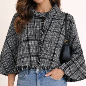 Hotouch Plaid Mock Neck Poncho XS/S tweed with fringe details
